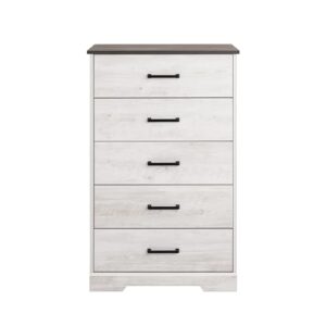 Prepac Rustic Ridge Farmhouse Dresser, Washed White Dresser for Bedroom, Chest of Drawers with 5 Drawers 18.5" D x 27.5" W x 43.5" H, ABDR-1605-1