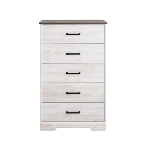 Prepac Rustic Ridge Farmhouse Dresser, Washed White Dresser for Bedroom, Chest of Drawers with 5 Drawers 18.5" D x 27.5" W x 43.5" H, ABDR-1605-1