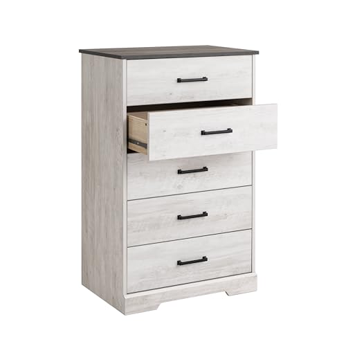 Prepac Rustic Ridge Farmhouse Dresser, Washed White Dresser for Bedroom, Chest of Drawers with 5 Drawers 18.5" D x 27.5" W x 43.5" H, ABDR-1605-1