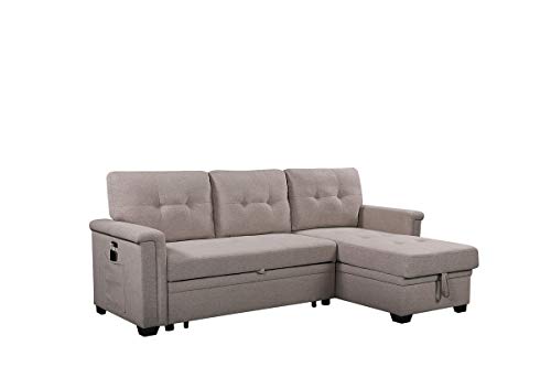 LOVMOR 84'' L-Shape Convertible Sleeper Sectional Sofa with Storage Chaise and Pull-Out Bed, Linen Upholstered Reversible Corner Couch w/USB Charger Ports and Pocket, Light Gray, 84 Inch