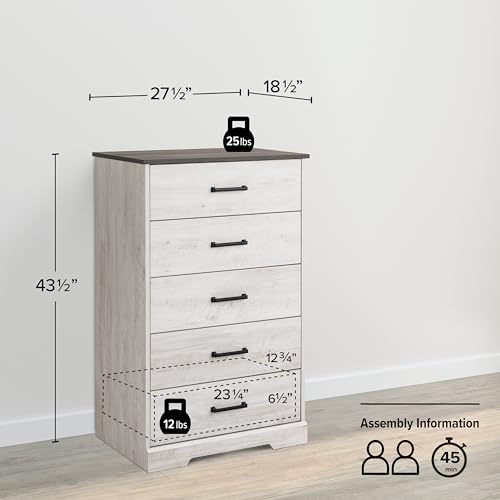 Prepac Rustic Ridge Farmhouse Dresser, Washed White Dresser for Bedroom, Chest of Drawers with 5 Drawers 18.5" D x 27.5" W x 43.5" H, ABDR-1605-1