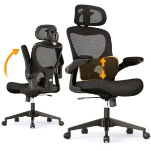 SUNNOW Ergonomic Office Chair, Comfy Mesh Desk Chair, High Back Computer Gaming Chairs with Adjustable Lumbar Support, Flip-Up Arms, Headrest, Tilt Function, Wide Cushion, Swivel Wheel, BIFMA Quality