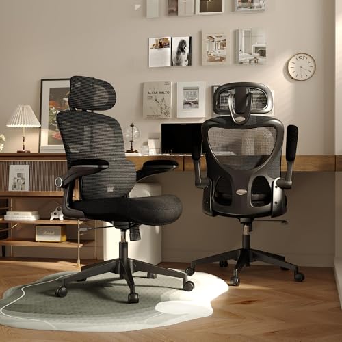 SUNNOW Ergonomic Office Chair, Comfy Mesh Desk Chair, High Back Computer Gaming Chairs with Adjustable Lumbar Support, Flip-Up Arms, Headrest, Tilt Function, Wide Cushion, Swivel Wheel, BIFMA Quality