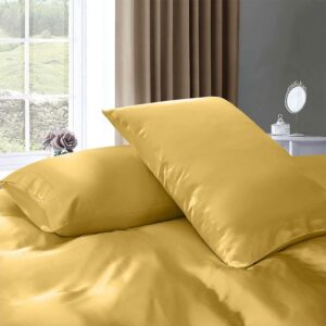 Dawade Store Satin Silk Duvet with Fitted Sheet Set 4 Pieces Satin Silk Fitted Sheet 19 Inches Deep Pocket - Oversized Queen - Gold Satin Silk Duvet Cover Satin Silk Pillowcases Set