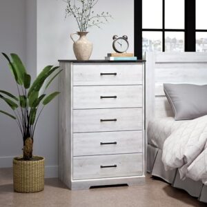 Prepac Rustic Ridge Farmhouse Dresser, Washed White Dresser for Bedroom, Chest of Drawers with 5 Drawers 18.5" D x 27.5" W x 43.5" H, ABDR-1605-1