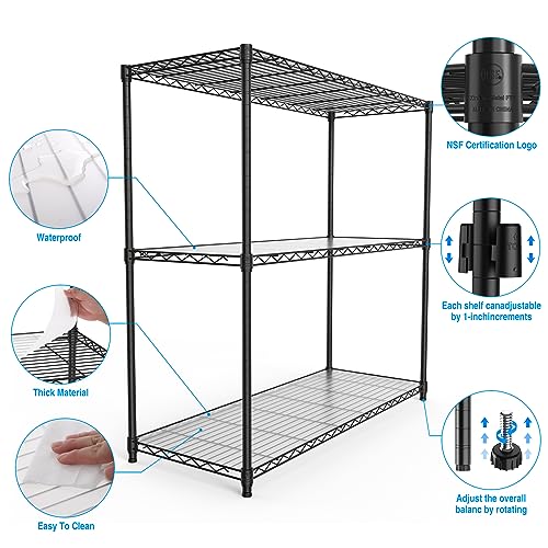 3 Tier NSF Metal Shelf Wire Shelving Unit - Black Set of 2, 1050lbs Capacity Heavy Duty Adjustable Storage Rack with Shelf Liners, Extensible to 6 Tier 2100lbs Shelving Designs, 48" H x 48" L x 18" D