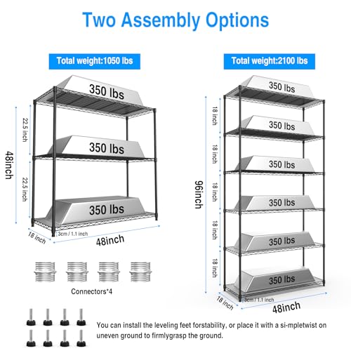 3 Tier NSF Metal Shelf Wire Shelving Unit - Black Set of 2, 1050lbs Capacity Heavy Duty Adjustable Storage Rack with Shelf Liners, Extensible to 6 Tier 2100lbs Shelving Designs, 48" H x 48" L x 18" D