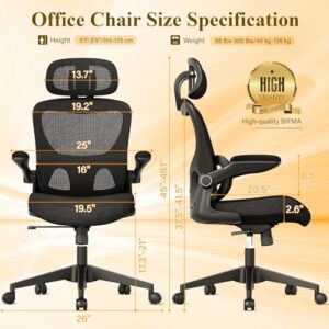 SUNNOW Ergonomic Office Chair, Comfy Mesh Desk Chair, High Back Computer Gaming Chairs with Adjustable Lumbar Support, Flip-Up Arms, Headrest, Tilt Function, Wide Cushion, Swivel Wheel, BIFMA Quality