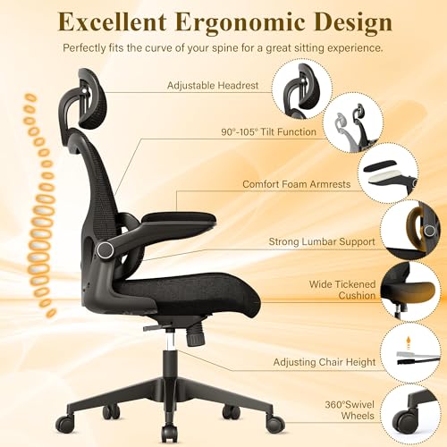 SUNNOW Ergonomic Office Chair, Comfy Mesh Desk Chair, High Back Computer Gaming Chairs with Adjustable Lumbar Support, Flip-Up Arms, Headrest, Tilt Function, Wide Cushion, Swivel Wheel, BIFMA Quality