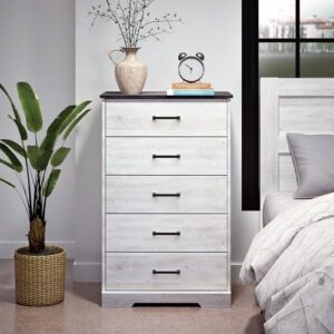 Prepac Rustic Ridge Farmhouse Dresser, Washed White Dresser for Bedroom, Chest of Drawers with 5 Drawers 18.5" D x 27.5" W x 43.5" H, ABDR-1605-1