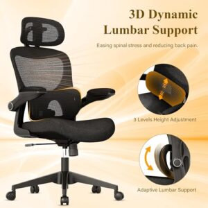 SUNNOW Ergonomic Office Chair, Comfy Mesh Desk Chair, High Back Computer Gaming Chairs with Adjustable Lumbar Support, Flip-Up Arms, Headrest, Tilt Function, Wide Cushion, Swivel Wheel, BIFMA Quality