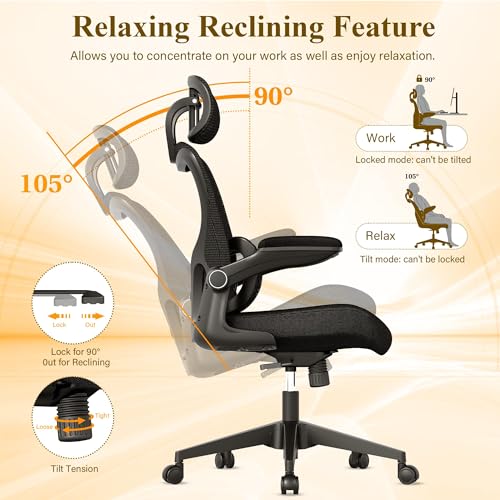 SUNNOW Ergonomic Office Chair, Comfy Mesh Desk Chair, High Back Computer Gaming Chairs with Adjustable Lumbar Support, Flip-Up Arms, Headrest, Tilt Function, Wide Cushion, Swivel Wheel, BIFMA Quality