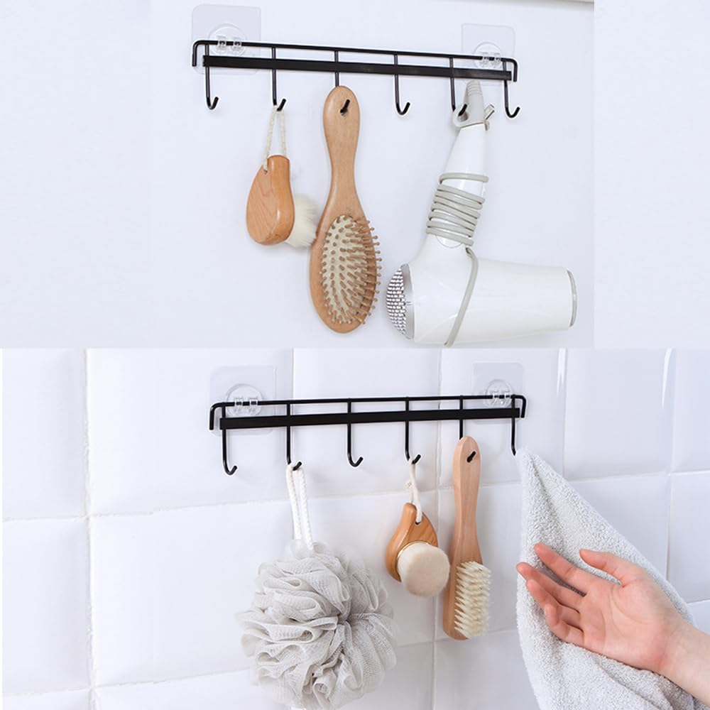 Nmgkokew 2Pcs Kitchen Utility Hooks,Wall Mount Kitchen Utensil Rack with 6 Hooks,Wall Mounted Rail,No Drilling Kitchen Utensil Holder,Space Saving Kitchen Wall Hooks for Kitchen Bathroom. (black)