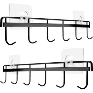 Nmgkokew 2Pcs Kitchen Utility Hooks,Wall Mount Kitchen Utensil Rack with 6 Hooks,Wall Mounted Rail,No Drilling Kitchen Utensil Holder,Space Saving Kitchen Wall Hooks for Kitchen Bathroom. (black)