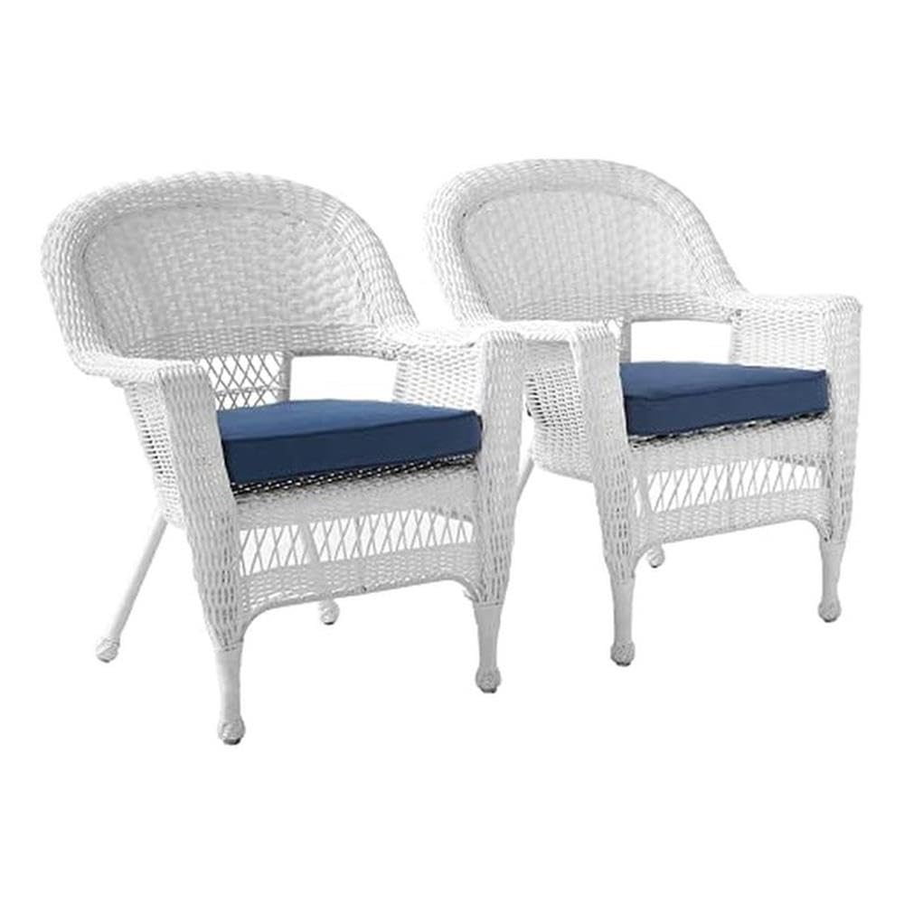 Pemberly Row Wicker/Rattan Chair with Cushion in White/Blue (Set of 2)