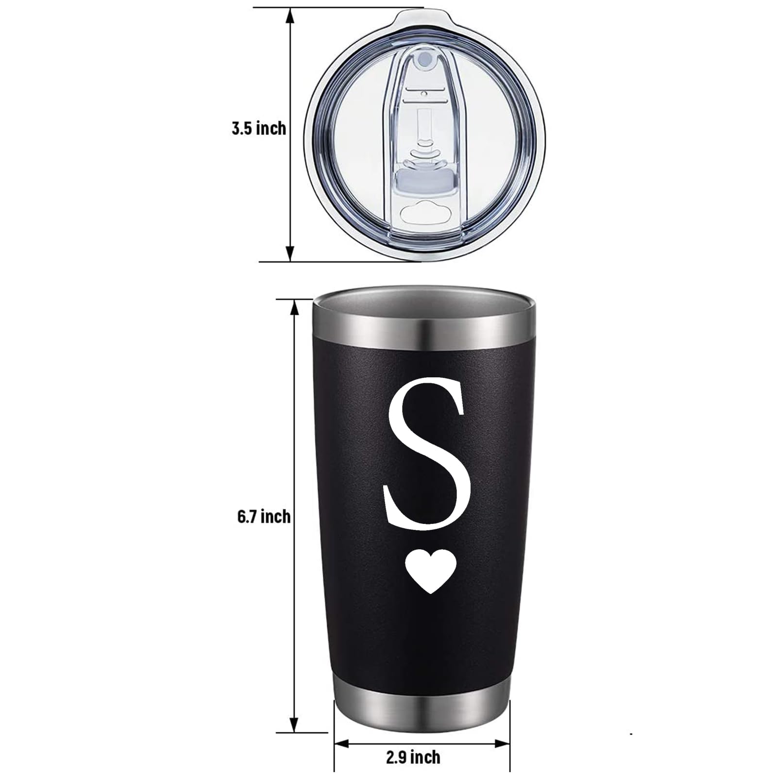 COFOZA Initial Gifts for Woman Men Letter S 20oz Stainless Steel Black Tumbler Cup Monogram Mug Personalized Birthday Graduation Wedding Bridesmaid Groomsman Proposal Engagement Christmas Gift (S)