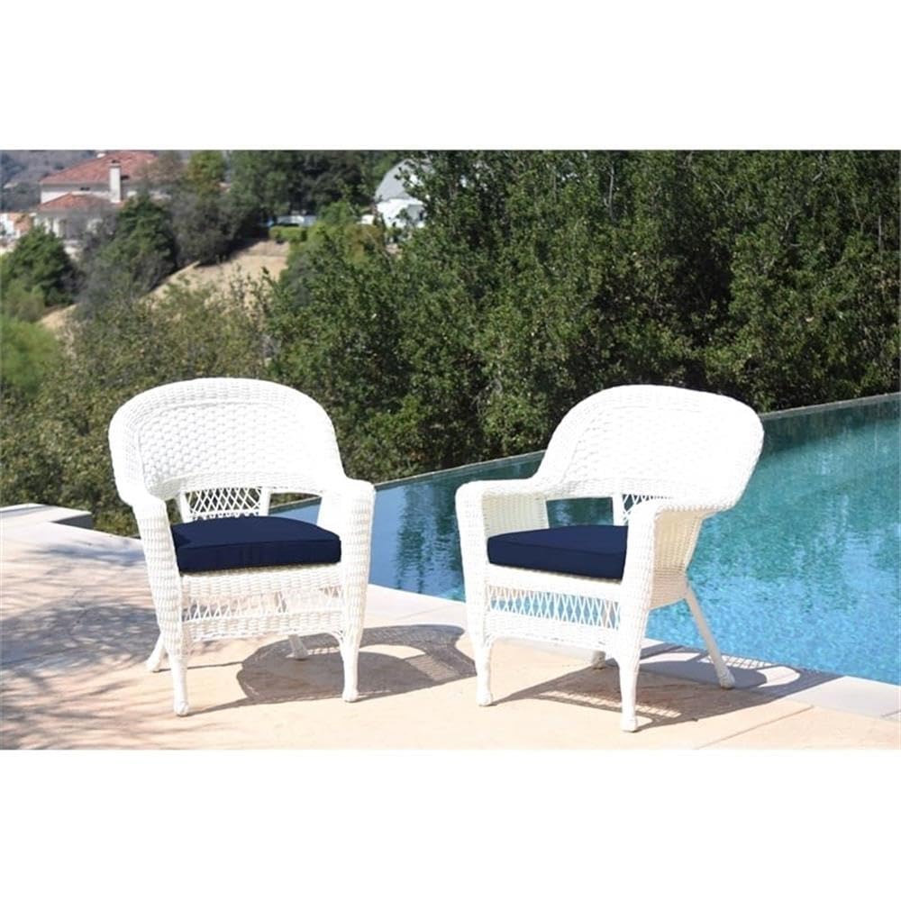 Pemberly Row Wicker/Rattan Chair with Cushion in White/Blue (Set of 2)