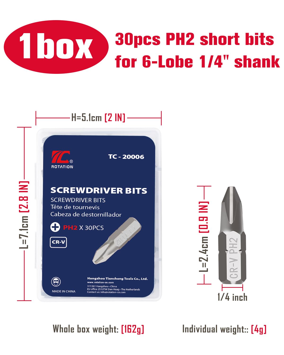 ROTATION 30-Piece Phillips #2 Bit Set PH2, Impact Grade, 1/4-inch Hex Shank, Chrome Vanadium Steel