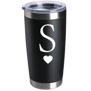 cofoza initial gifts for woman men letter s 20oz stainless steel black tumbler cup monogram mug personalized birthday graduation wedding bridesmaid groomsman proposal engagement christmas gift (s)