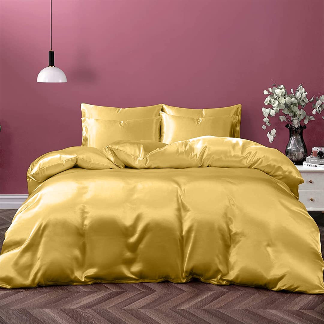 Dawade Store Satin Silk Duvet with Fitted Sheet Set 4 Pieces Satin Silk Fitted Sheet 19 Inches Deep Pocket - Oversized Queen - Gold Satin Silk Duvet Cover Satin Silk Pillowcases Set