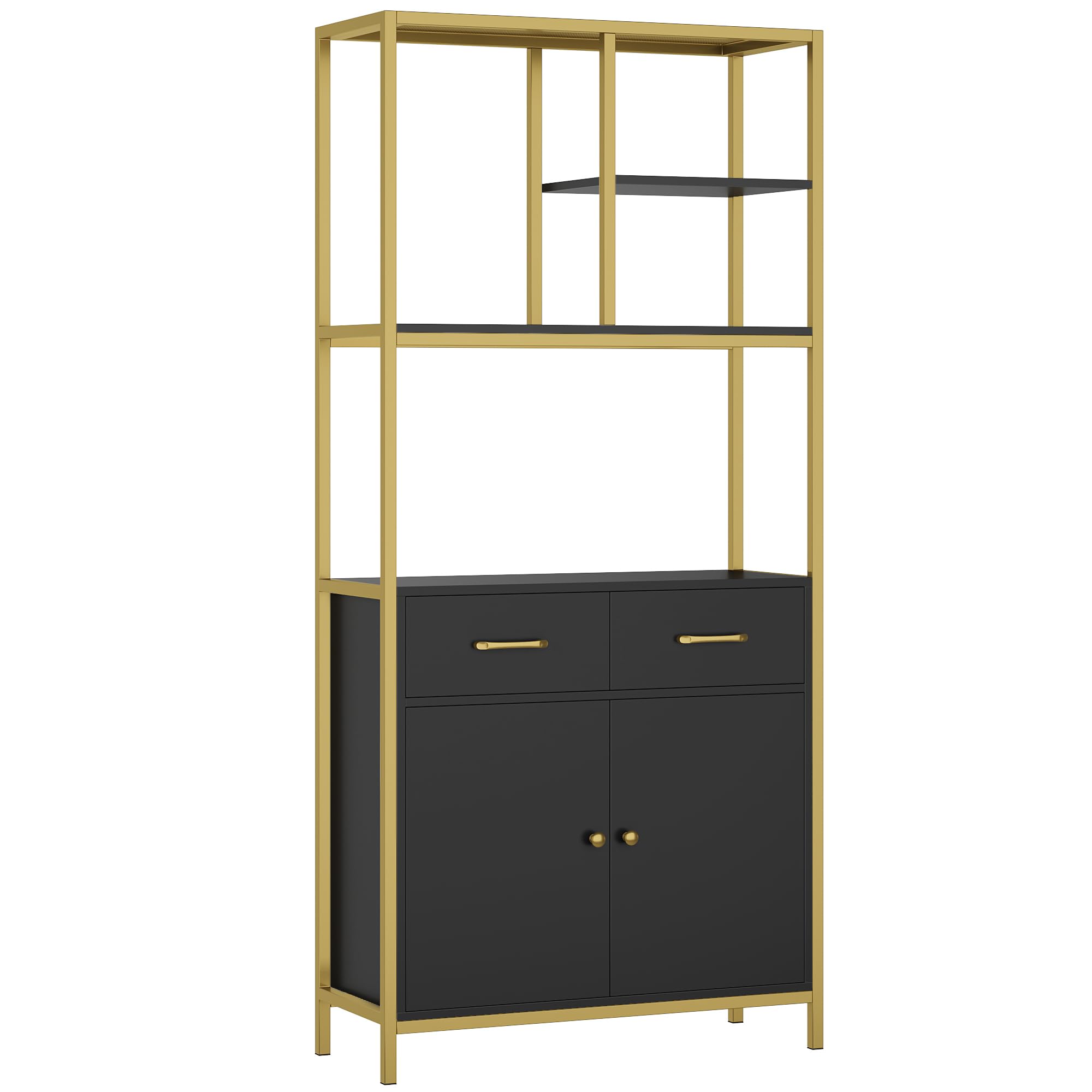 HITHOS 71" Tall Bookshelf, Modern White and Gold Bookcase, Book Shelves with Drawers and Storage Cabinet, Metal Etagere Bookcase Display Shelves for Home Office, Gold/Black