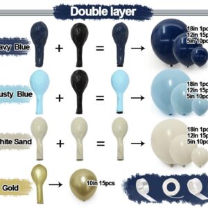 Navy Blue Balloon Garland Double Stuffed Dusty Blue White Sand Balloons Slate Blue Beige Cream Balloon Arch Kit Metallic Gold Balloons For Neutral Baby Shower Graduation Birthday Party Decoration