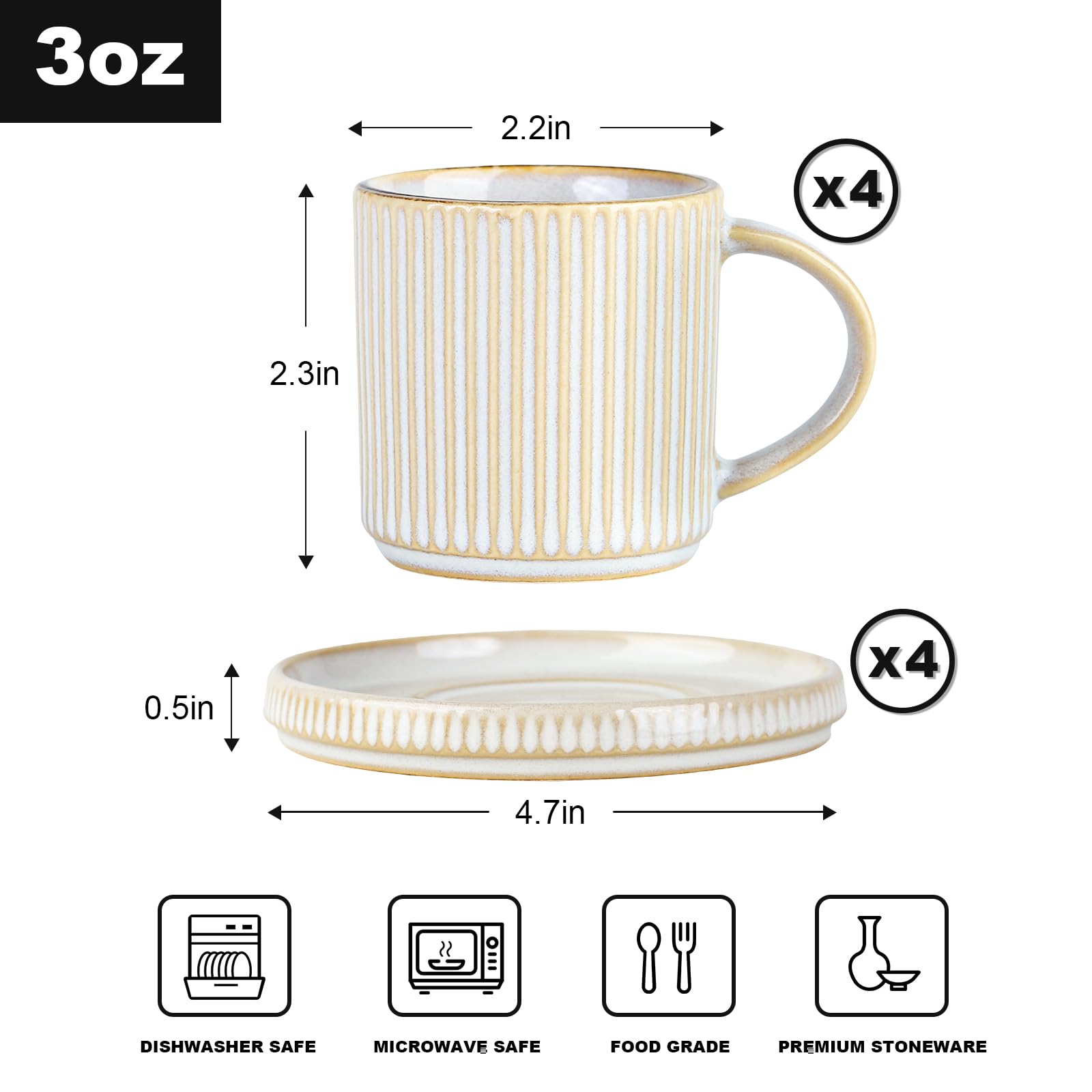 famiware Star Espresso Cups and Saucers Set of 4, [ Mini ] 3 oz Ceramic Small Coffee Mug with Handle, Ribbed Stoneware Demitasse Cup for Tea, Latte - Microwave & Dishwasher Safe - Cappuccino White