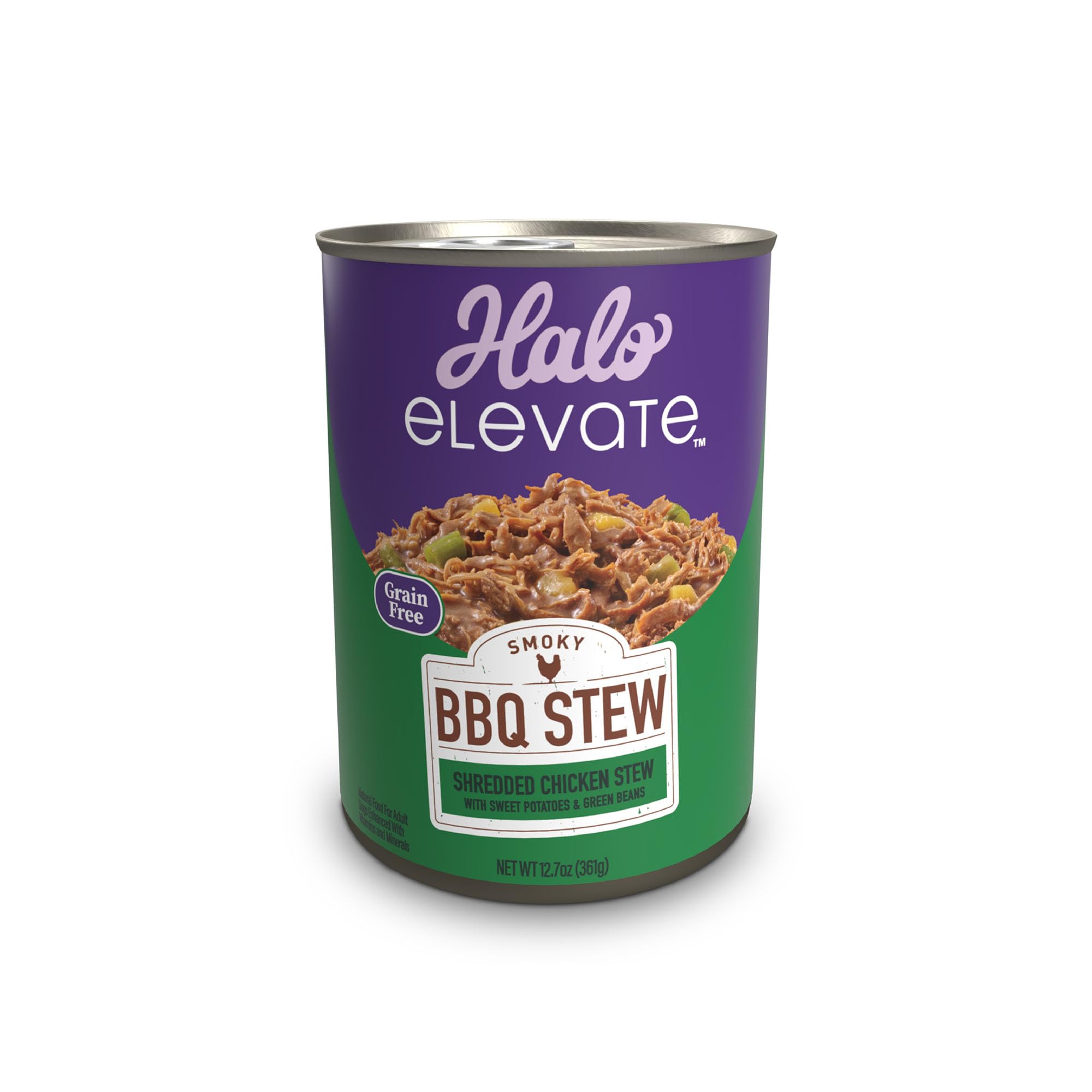 Halo Elevate Wet Dog Food, Grain Free, Smoky BBQ Shredded Chicken Stew w/Sweet Potatoes & Green Beans, 12.7oz (Pack of 6)