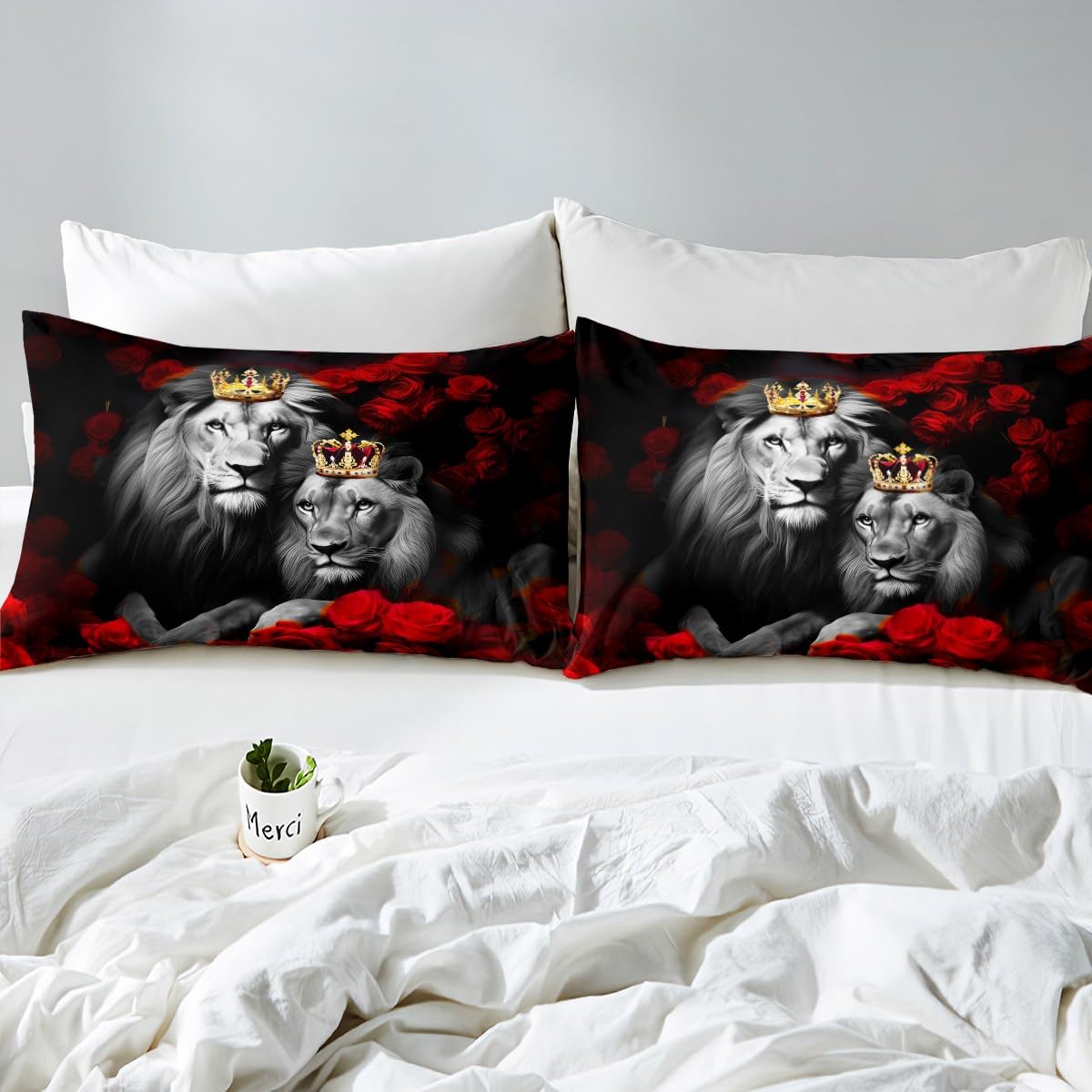 jejeloiu Wild Lion Couple Bedding Set Queen Size Couple Red Rose Floral Comforter Cover Set for Girls Women Lover Gold King and Queen Crown Duvet Cover Valentine's Day Bedspread Cover Room Decor