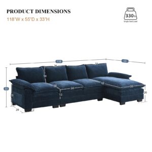 KIVENJAJA 118” Chenille Modular Sectional Sofa Couch, Modern L-Shaped 4-Seater Cloud Sleeper Couches with Chaise & Deep Seat for Living Room Office Apartment, Navy Blue