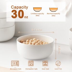 Jassceram Cereal Bowls Set of 6, 30 Oz Ceramic Bowls for Soup, Salad, Dessert, Oatmeal and Breakfast, Suitable for Kitchen or Dining - Dishwasher & Microwave Safe, 6 Inch, White