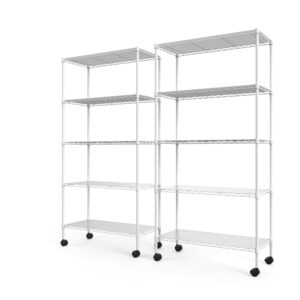 pouseayar wire shelving unit 5 tier nsf metal shelf, 750lbs capacity adjustable storage rack with wheels & shelf liners for garage kitchen office bathroom, 60" h x 30" l x 14" d - white set of 2