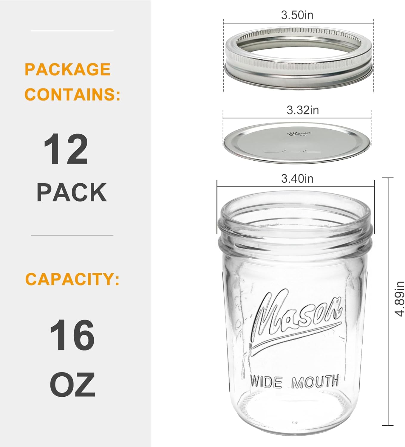 [12 pcs]16 oz Mason Jars,Glass Jars with Lids, Airtight Canning Jars, Wide Mouth Mason Jars. Airtight Container For Jams, Honey, Spices,Pickles, Home Decor,Overnight Oats,Fruit Preserves