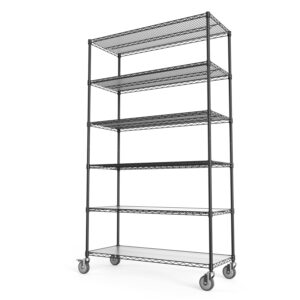 metal shelf wire shelving unit, nsf 6 tier 6000lbs heavy duty adjustable storage rack with 5in wheels and shelf liners for commercial grade utility steel storage rack - 20" d x 48" l x 84.5" h black