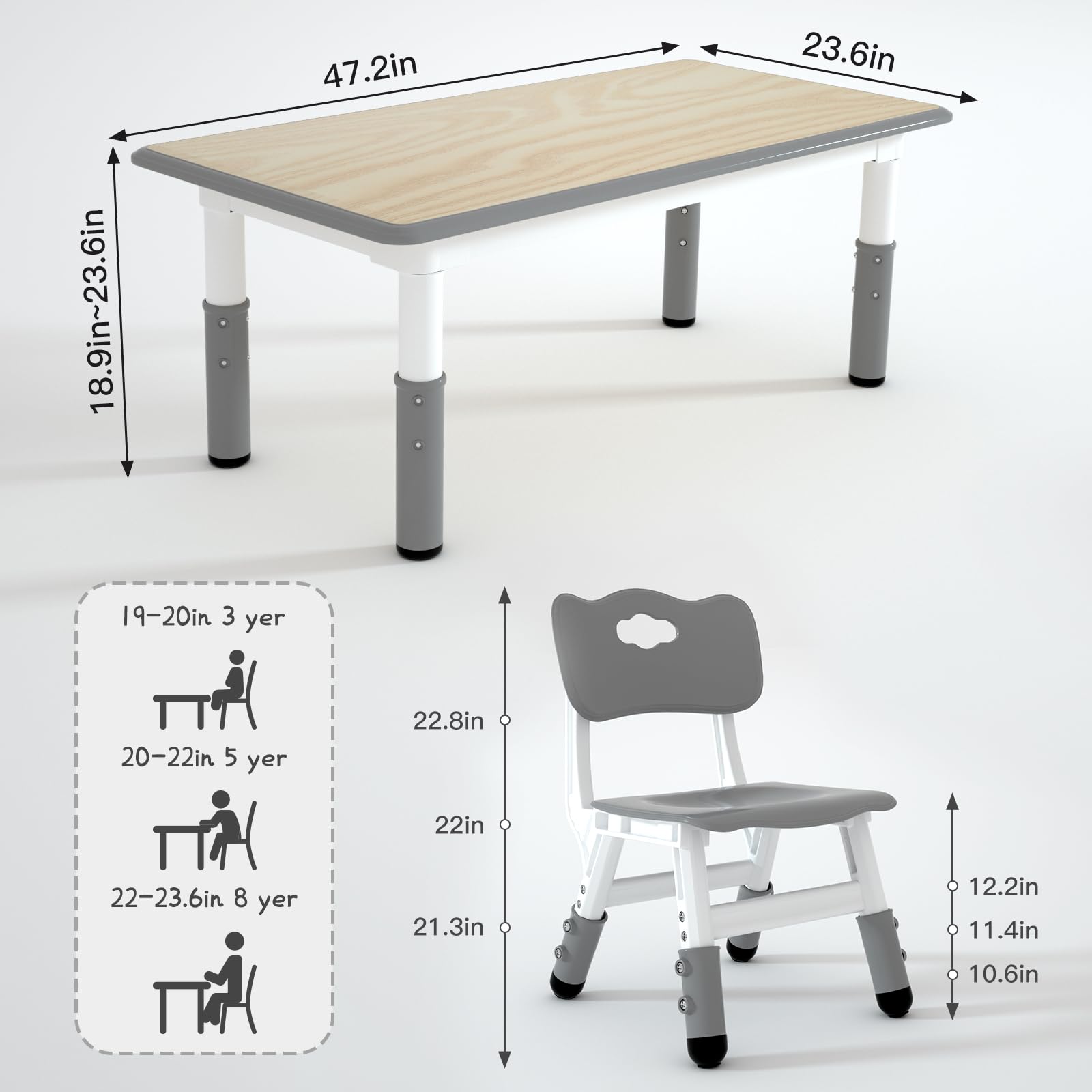 LulliSpace Kids 4 Height Adjustable Toddler Chair Set,47.2"X23.6"Graffiti Desktop,Activity Table for Daycares,Homes,Classroom,Eco-Friendly, and Stylish Design, Gray