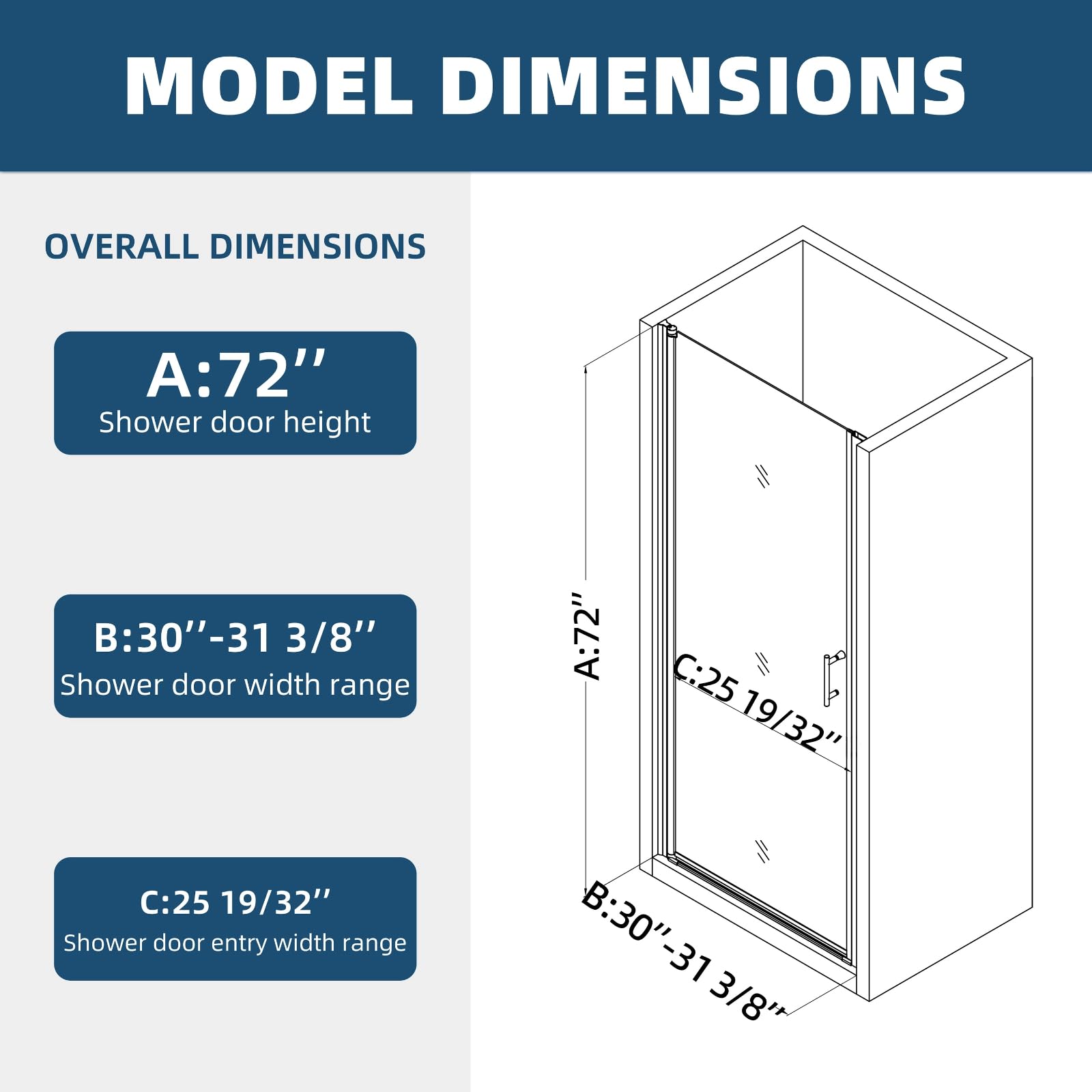 ACE DECOR 30-31.4" W x 72" H Frameless Pivot Shower Door, 1/4" (6mm) Clear SGCC Tempered Glass Shower Door, Pivot Swing Shower Glass Door in Matte Black Finish, Reversible Installation