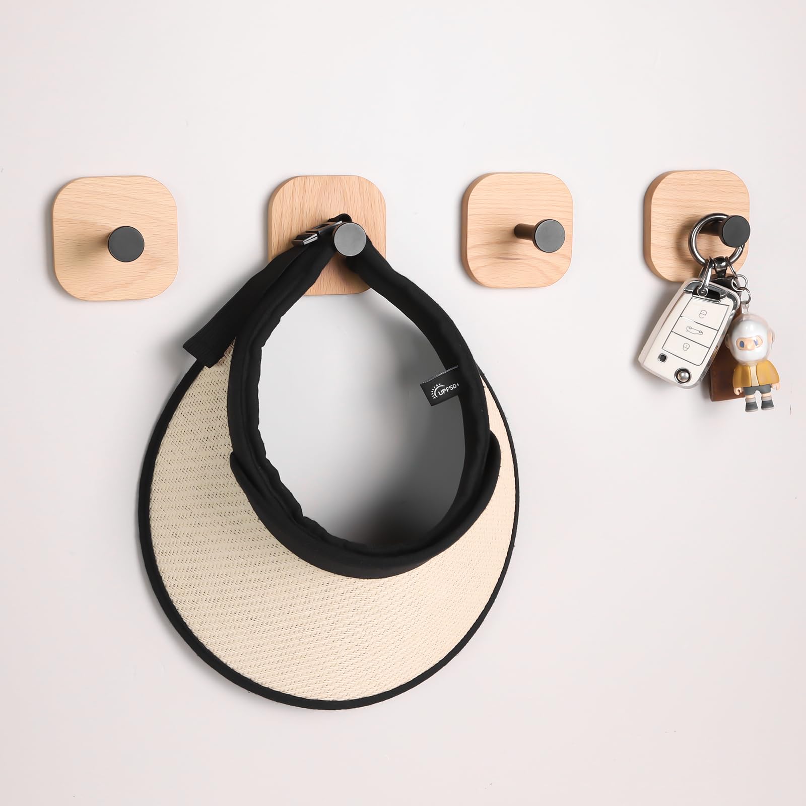 HaiFanWJ 4 Packs Adhesive Wooden Wall Hooks for Hanging Walnut Wood Farmhouse Coat Hook Wall Mounted with Glue for Hanging Clothes Towels Hat Purse Key Bags Black