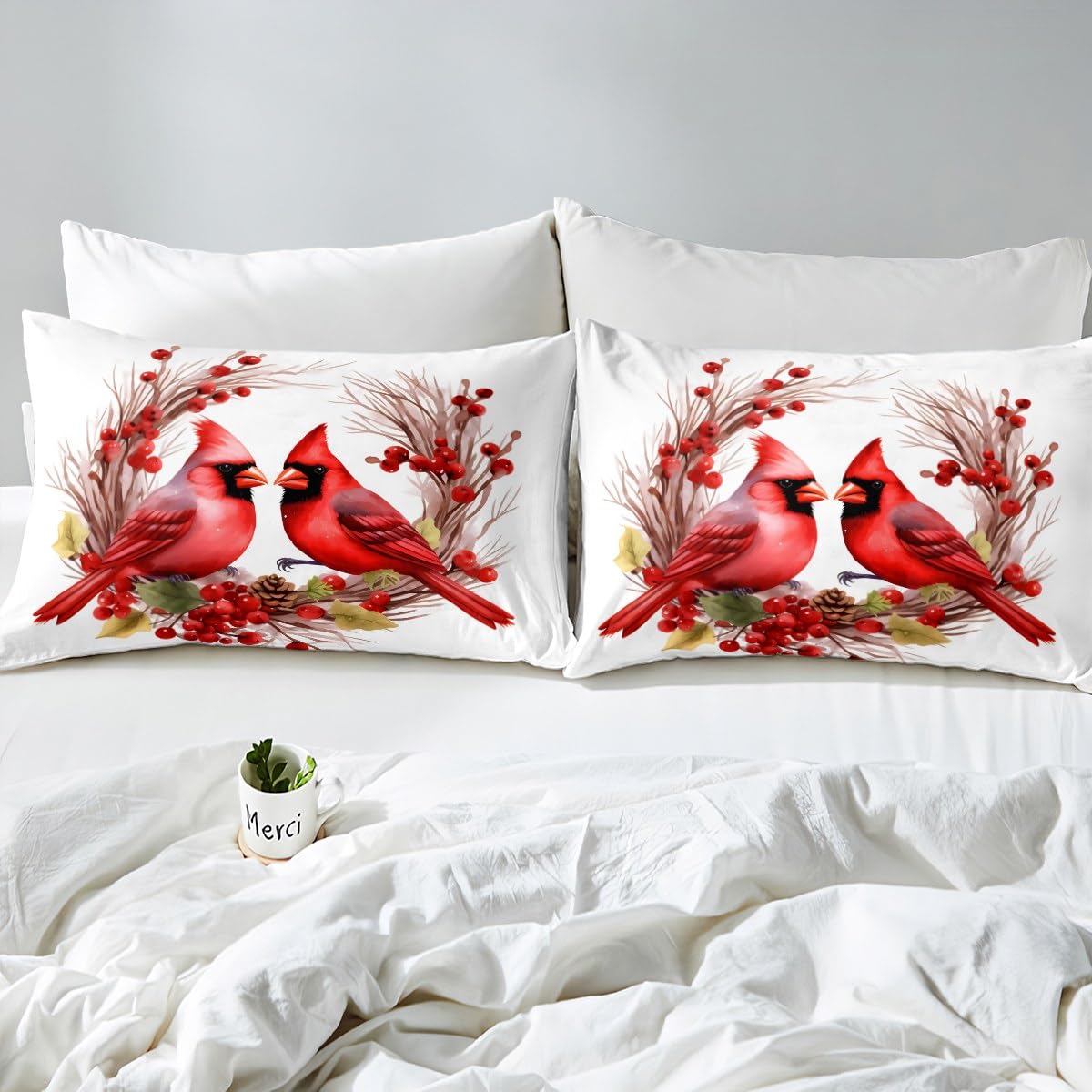 jejeloiu Red Cardinals Bedding Set Queen Size Kids Pine Cones Comforter Cover Set for Boys Girls Teens Cute Birds Duvet Cover Romantic Love Bedspread Cover Room Decorations Quilt Cover