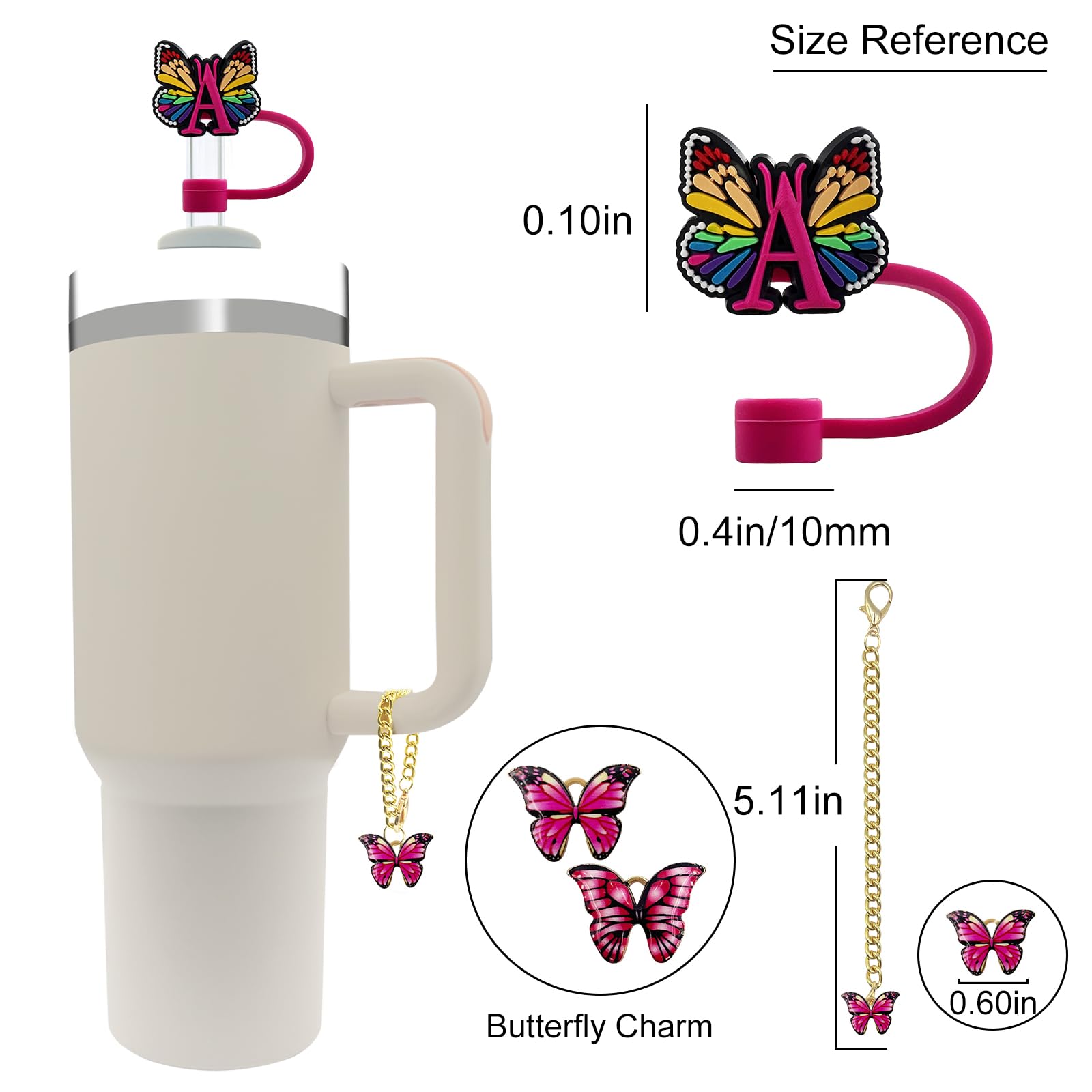 Velaco 4 PCS Butterfly Initial Letter Straw Covers and Butterfly Charm Accessories with Chains for Stanley 20 30 40 oz Tumbler with Handle