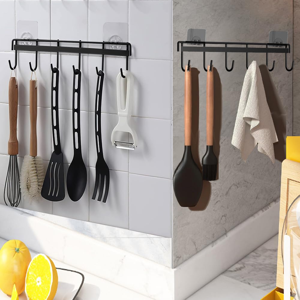 Nmgkokew 2Pcs Kitchen Utility Hooks,Wall Mount Kitchen Utensil Rack with 6 Hooks,Wall Mounted Rail,No Drilling Kitchen Utensil Holder,Space Saving Kitchen Wall Hooks for Kitchen Bathroom. (black)