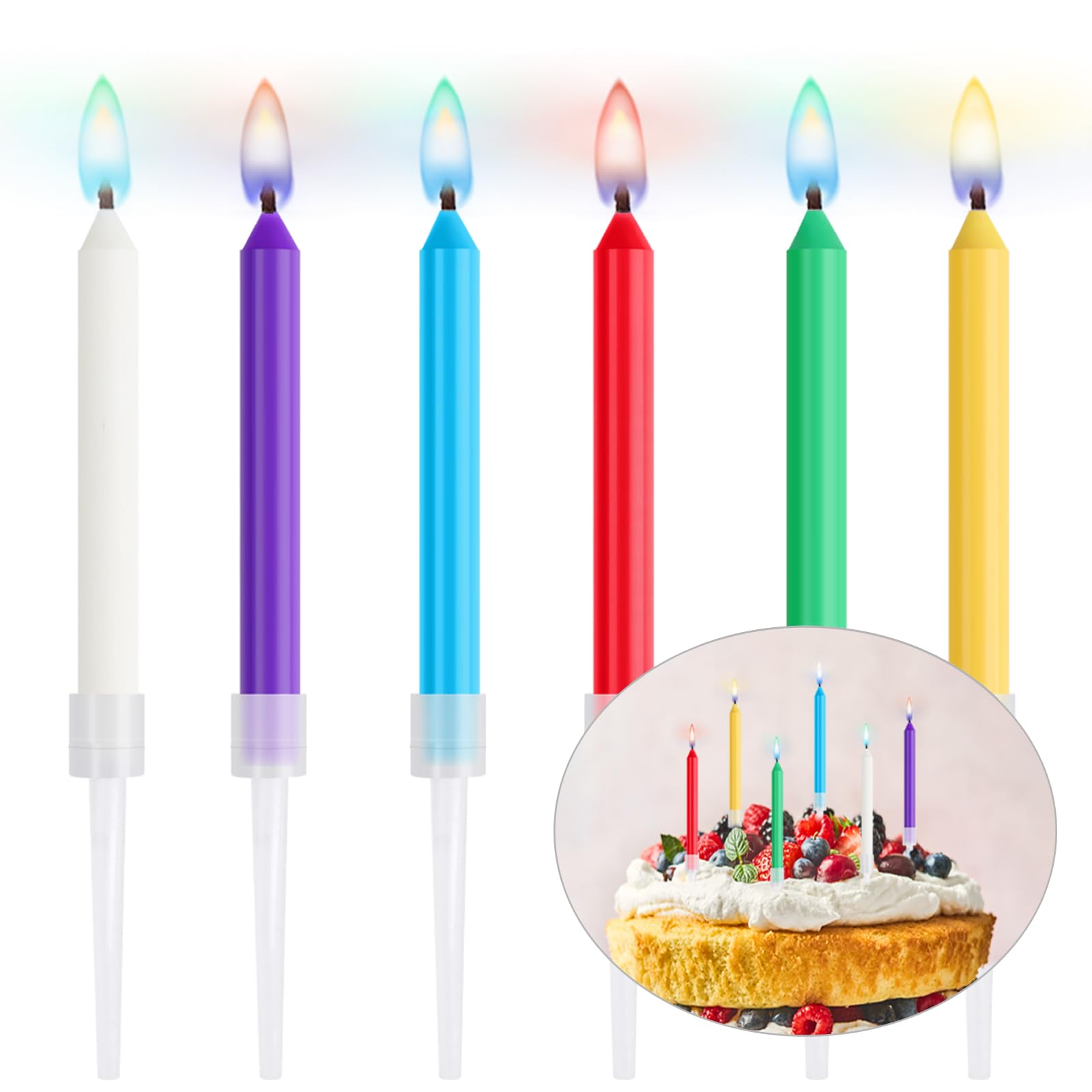 Phinus 18pcs Colorful Flame Birthday Candles, 2.2in Colorful Birthday Candles for Cake, Birthday Candles Colorful Candles Holders Included