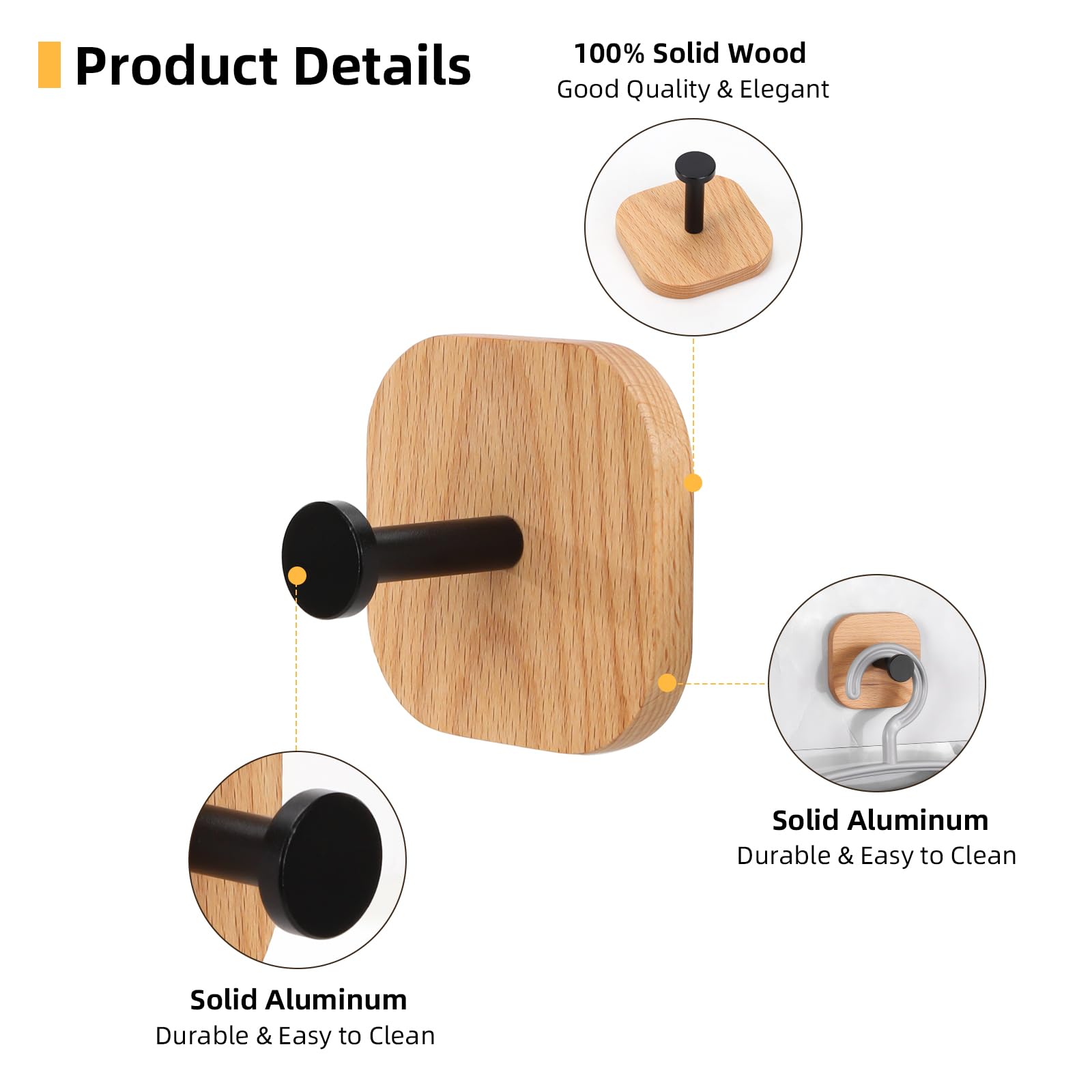 HaiFanWJ 4 Packs Adhesive Wooden Wall Hooks for Hanging Walnut Wood Farmhouse Coat Hook Wall Mounted with Glue for Hanging Clothes Towels Hat Purse Key Bags Black