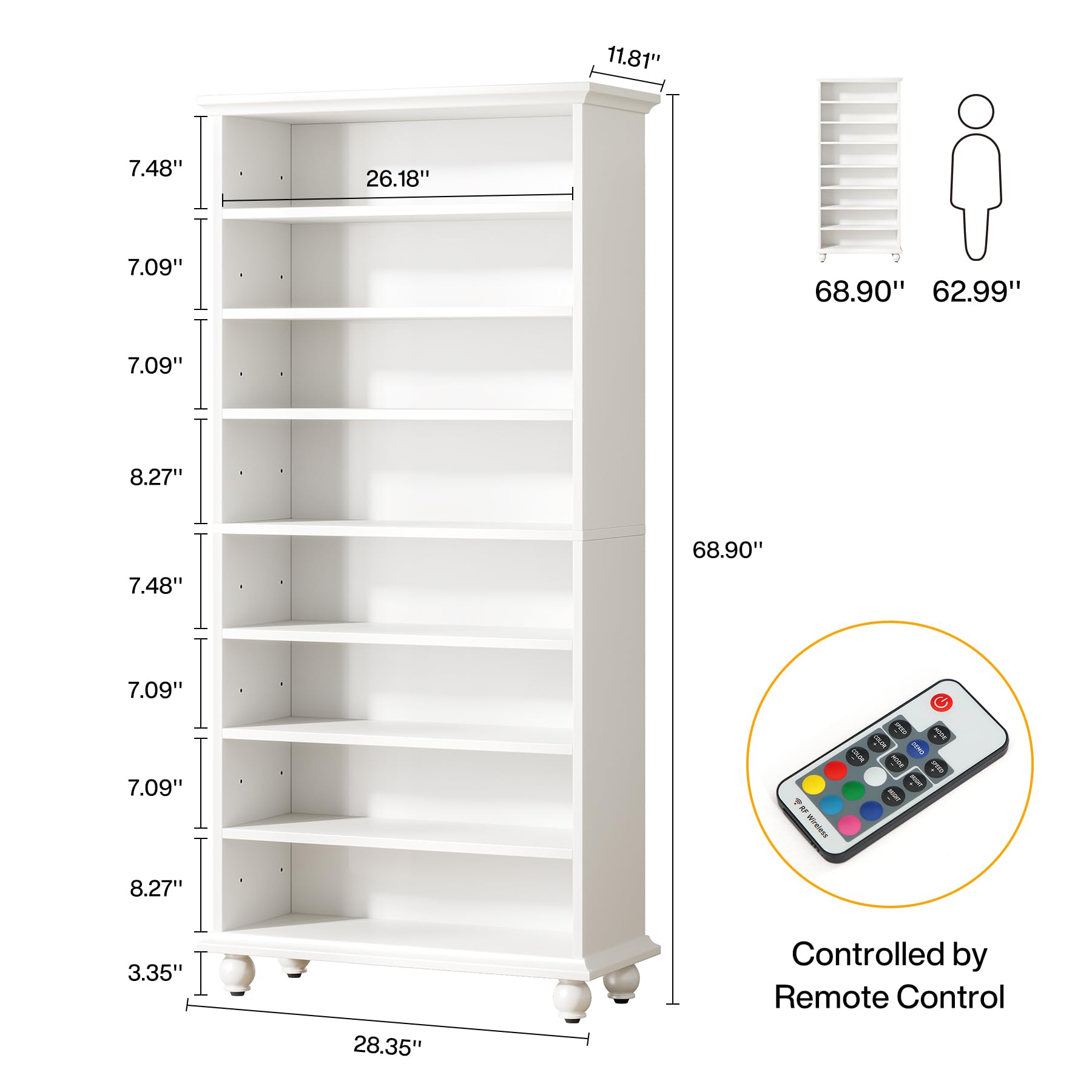 Tribesigns 9-Tier Shoe Storage Cabinet with LED Lighting, 30 Pairs Narrow Tall Freestanding Shoes Cabinet, Wood Entryway Shoe Organizer with Solid Wooden Legs for Closet (1, White)