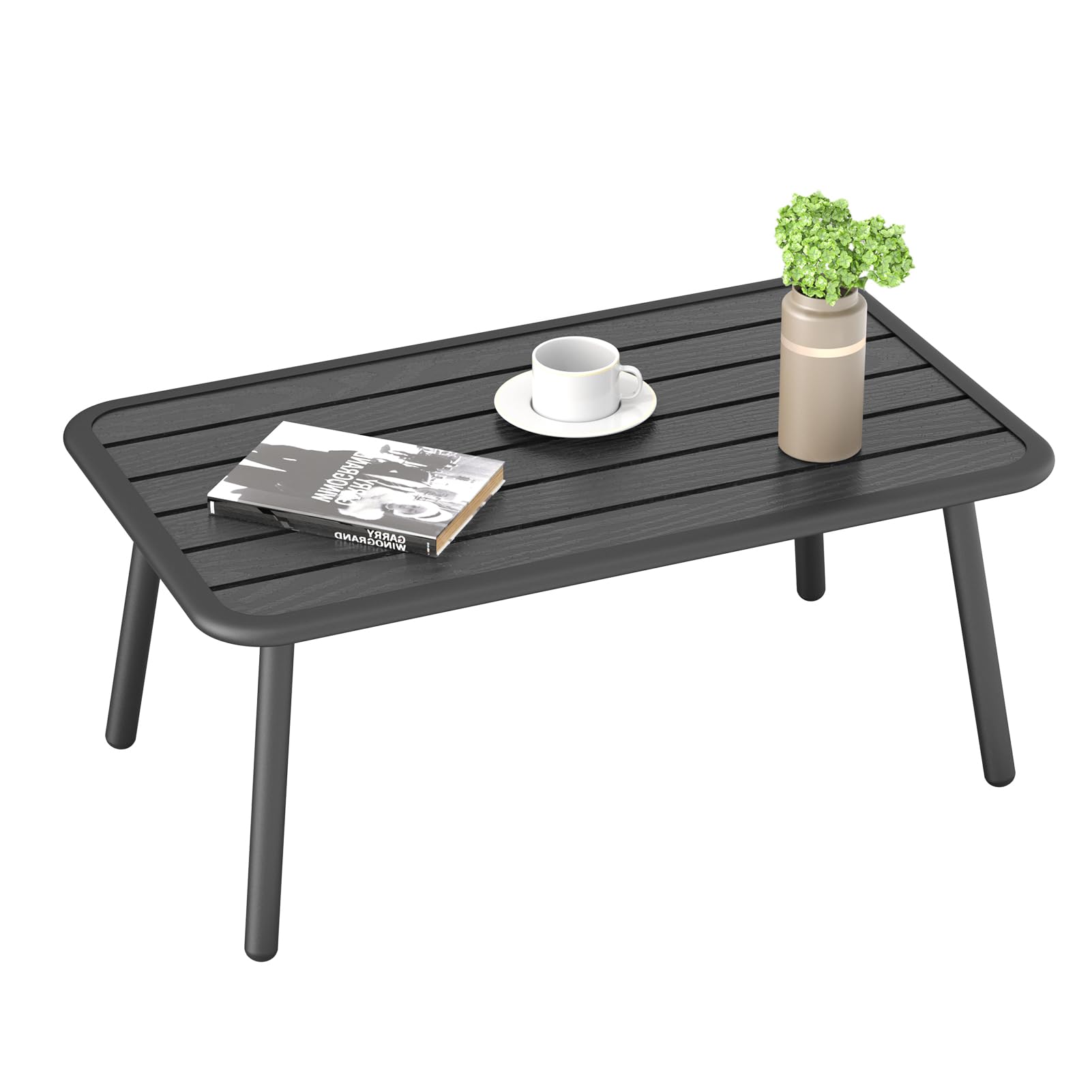 C-Hopetree Small Rectangle Metal Outdoor Side Coffee Table for Outside Patio, Black Slat Top