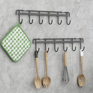 Nmgkokew 2Pcs Kitchen Utility Hooks,Wall Mount Kitchen Utensil Rack with 6 Hooks,Wall Mounted Rail,No Drilling Kitchen Utensil Holder,Space Saving Kitchen Wall Hooks for Kitchen Bathroom. (black)