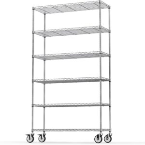 6 Tier Kitchen Shelves Organizer, 2100LBS Metal Wire Shelving Rack w/Innovative Side Mesh, Heavy Duty Adjustable Shelving Units and Storage for Home Office Garage, 87.5" H x 48" W x 18" D - Chrome