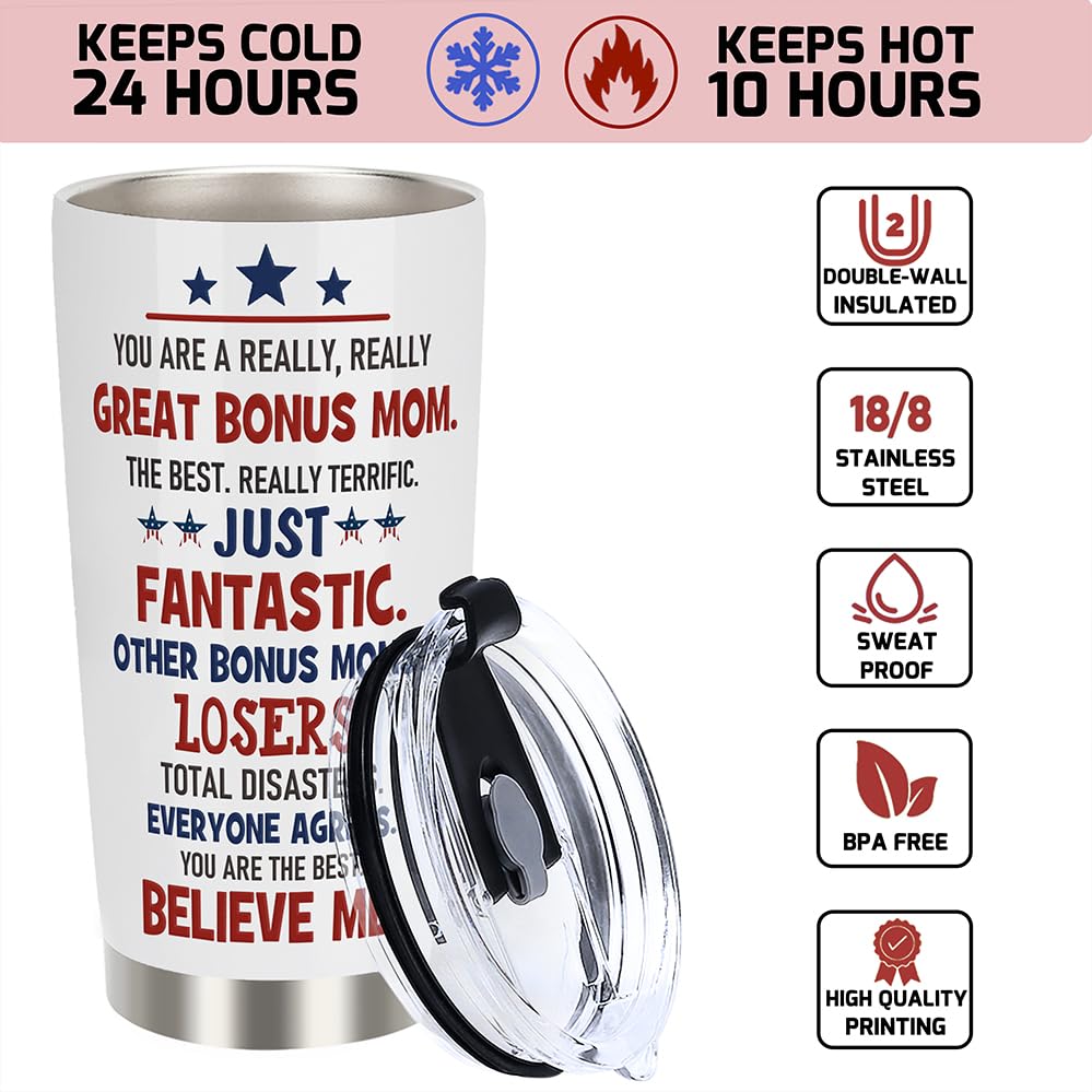 AREOK Gifts for Bonus Mom Gifts, Best Bonus Mom Ever Gifts from Daughter - Christmas Birthday Gifts for Bonus Step Mom, 20 OZ Stainless Steel Insulated Bonus Mom Tumbler Cup