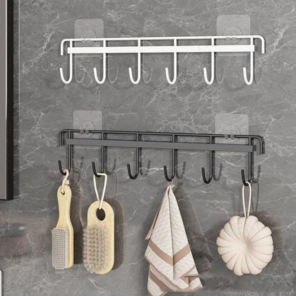 Nmgkokew 2Pcs Kitchen Utility Hooks,Wall Mount Kitchen Utensil Rack with 6 Hooks,Wall Mounted Rail,No Drilling Kitchen Utensil Holder,Space Saving Kitchen Wall Hooks for Kitchen Bathroom. (black)