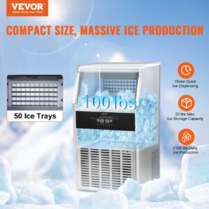 VEVOR Commercial Ice Maker Machine, 100lbs/24H Ice Maker Machine with 33lbs Storage Capacity, 50 Ice Cubes in 12-15 Minutes, Built in Electric Drain Pump Ice Maker for Bar Home Office Restaurant