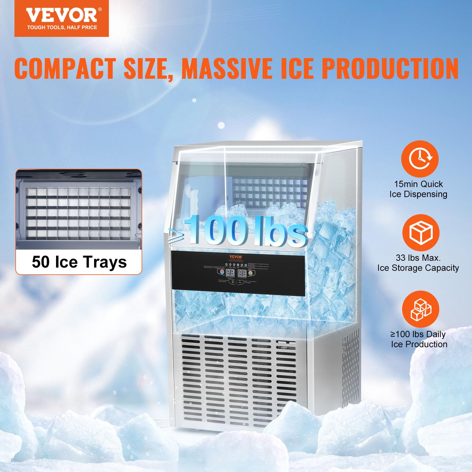 VEVOR Commercial Ice Maker Machine, 100lbs/24H Ice Maker Machine with 33lbs Storage Capacity, 50 Ice Cubes in 12-15 Minutes, Built in Electric Drain Pump Ice Maker for Bar Home Office Restaurant